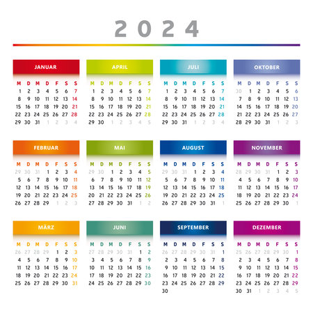 2024 Calendar with Boxes in Rainbow Colors 4 Columns - German Languageのイラスト素材