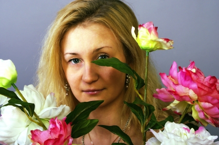 Girl and flowers の写真素材