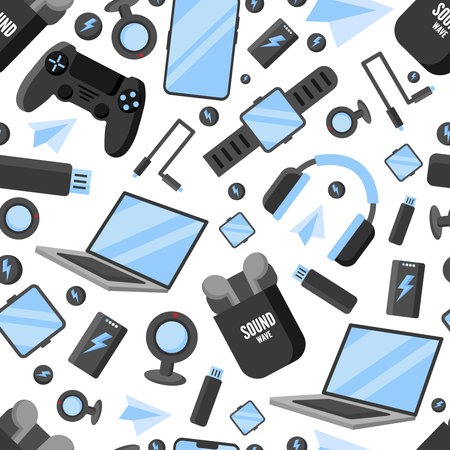 seamless pattern on the topic of digital gadgets, modern electronics items.laptop,headphones,wristwatch,webcam,smartphone,phone,flash drive,usb cable.vector flat cartoon patternのイラスト素材