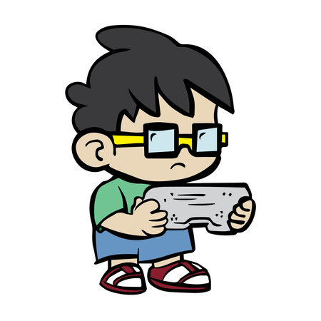 geeky boy playing video games in console.black ink line art cartoon flat vector illustrationのイラスト素材