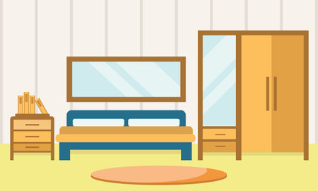 interior of the bedroom.spacious room with old wooden furniture.wardrobe, mirror, bookshelves, double bed, desk, bedside table. old, retro, comfortable furniture.isolated simple flat objects.のイラスト素材