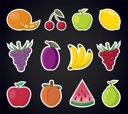 fruits, stickers set. apple, grape, peach, lemon, pear, plum, orange, cherry, banana, watermelon. healthy food, fruits, berries, simple cartoon flat vector objects.のイラスト素材