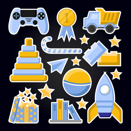 set of isolated toys stickers.children,baby cartoon games.isolated simple flat cartoon objectsのイラスト素材