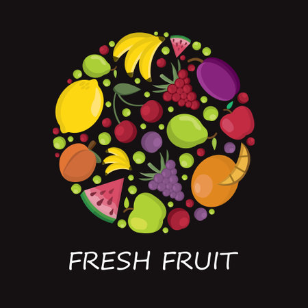 fruits, circle shape background. apple, grape, peach, lemon, pear, plum, orange, cherry, banana, watermelon. healthy food, fruits, berries, simple cartoon flat vector objects.のイラスト素材