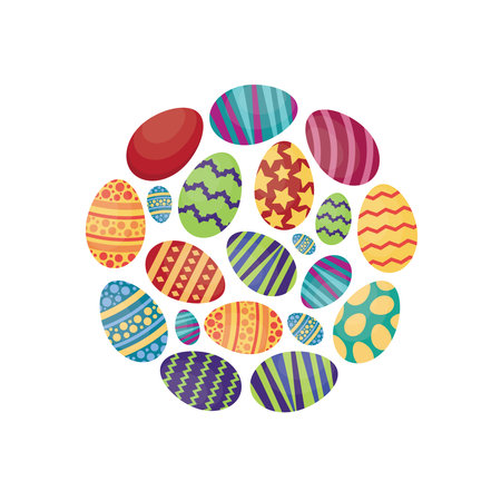 easter eggs, arranged in circle shape. festive painted eggs with colored patterns. vector flat simple cartoon holiday background.のイラスト素材
