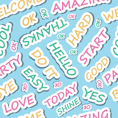 sticker words pattern. motivation phrase, dialogue colored words. vector funny simple cartoon letters.のイラスト素材