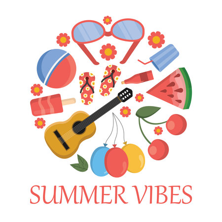 summer items arranged in circle shape. beach items, summer vacation. sunglasses, ball, surfboard, champagne, guitar, umbrella, watermelon, slates, ice cream, cherry, drink. vetor cartoon simple flat objects.のイラスト素材