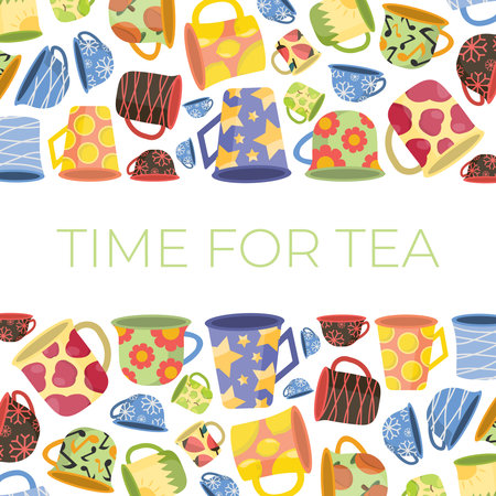 tea cups, horizontal background . vintage teacup collection, tea ceremony. mugs with fruits, flowers, lines, hand drawn patterns. vector cartoon flat illustrationのイラスト素材