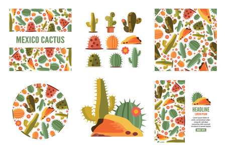 Decorative green desert plants. desert cacti, spiked flowers. vector flat cartoon simple isolated objects, seamless pattern, horizontal, vertical, circle shaped backgrounds. BIG green desert cacti colection.のイラスト素材