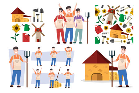 Farmers, Village Farm Collection, backgrounds. farmers, male rural characters in different poses. agricultural worker, handyman, collective farmers. Agriculture items. mill,stable shack gasoline sunflowerのイラスト素材
