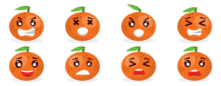 cute orange emoji set with different facial expressions on the orange shaped faces angry, sad, dissapointed, laughing, happy faces. emoji illustration.のイラスト素材