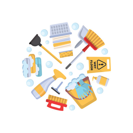 cleaning, laundry cartoon items circle shape. rags, washing machine, detergents, brushes, mops, soap, cleaning powders, products for cleaning house. vector cartoon circle shaped background.のイラスト素材