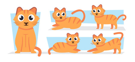 pets, kittens set. cartoon flat cats set, cats in different poses, home cute animals. vector cartoon isolated characters set.のイラスト素材