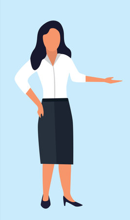 businesswoman presenting strategy. female lady cartoon character showing statistics economic research, minimalistic syle. vector cartoon concept illustration.のイラスト素材