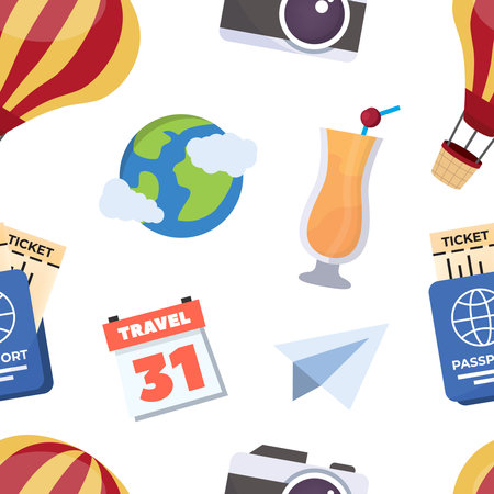 traveling pattern. traveling staff camera ticket passport cap luggage air balloon sunglasses plane guitar shorts flip flops, tourism, camping, vacation trip. vector cartoon items set.のイラスト素材