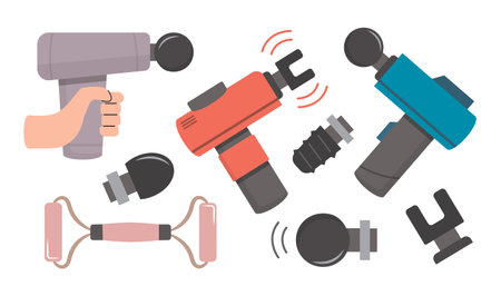 massage guns. body therapeutic relax equipment, electronic rehabilitation physiotherapy muscles device. vector cartoon objects collection.のイラスト素材