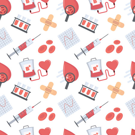 blood donation pattern. cartoon minimalistic items set, health blood donor day concept, volunteer hospital transfusion laboratory. vector cartoon objects seamless pattern.のイラスト素材