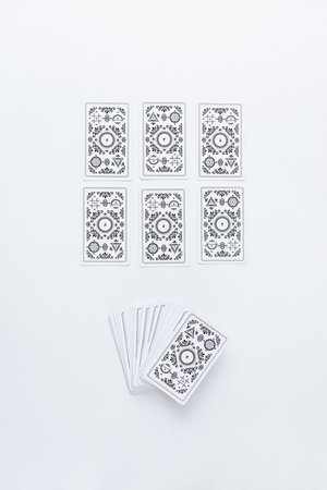 Layout of tarot cards on a white background. Tarot cards and esoteric concept. magic rituals.の写真素材