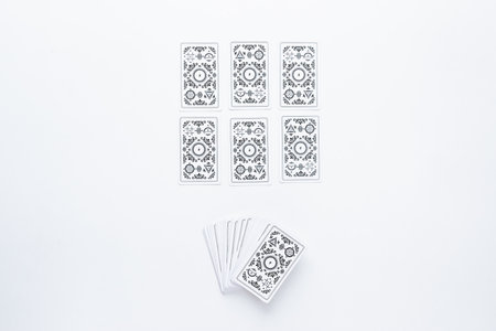 Layout of tarot cards on a white background. Tarot cards and esoteric concept. magic rituals.の写真素材