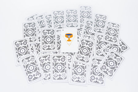 Layout of tarot cards on a white background. Tarot cards and esoteric concept. magic rituals.