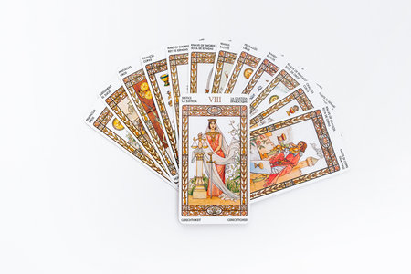 Layout of tarot cards on a white background. Tarot cards and esoteric concept. magic rituals.
