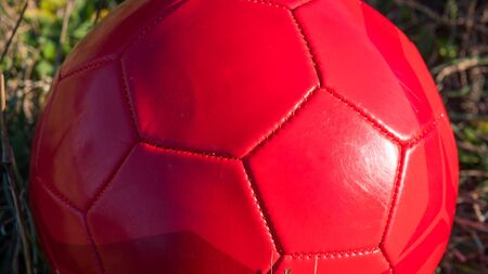 Close-up of red soccer ball on green grass. Place for text.の写真素材