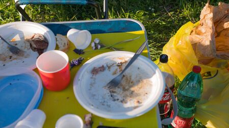 The concept of zero pollution and eco-friendly lifestyle acute social problems. heap of plastic disposable packaging and disposable tableware.の写真素材