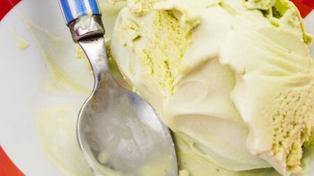 Homemade green organic ice cream. Pistachio ice cream backgrounds.の写真素材