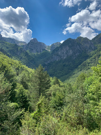 Panorama of beautiful mountain terrain in Italy. sunny day. beautiful spring landscape in the mountains. grassy field and hills. rural landscapesの写真素材