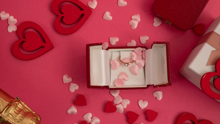 Top view on the table on Valentines Day, March 8, Mothers Day. with a bottle of champagne, a box...