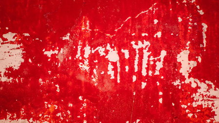 Old weathered painted wall background texture. Red dirty peeled plaster wall with falling off flakes of paintの写真素材