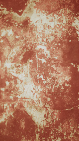 Old weathered painted wall background texture. Red dirty peeled plaster wall with falling off flakes of paintの写真素材