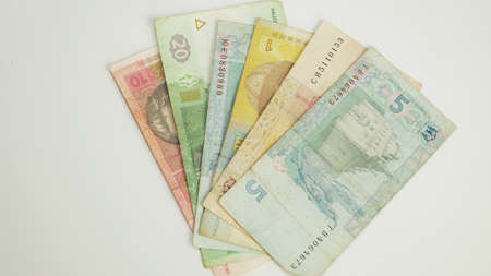 Ukrainian money background, on a white backgroundの写真素材