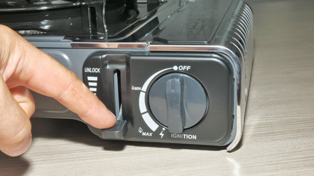Tourist gas stove. Field kitchen, close-up include