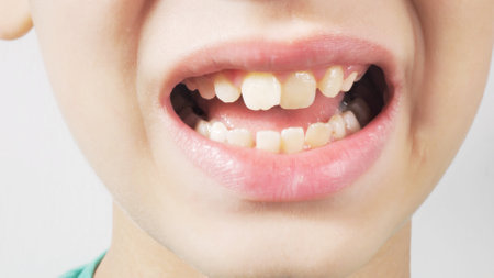 close-up hand of child, boy of 9 years old points new tooth fang in mouth with finger, concept of...