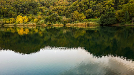 Tranquil autumn forest and lake landscape. Calm beautiful pond and forest reflections on the blue...