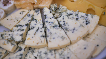 Sliced pieces of Roquefort cheese. Close-upの写真素材