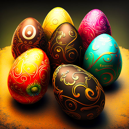 Easter eggs on a yellow background, generative AIの写真素材