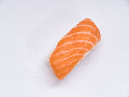 Spicy salmon Roll gunkan on White Background Isolateの写真素材