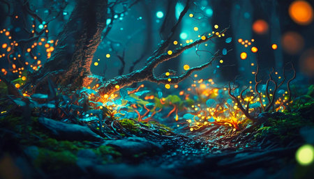 Fantasy forest at night magic lights and fireflies. generative AIの素材