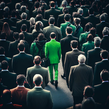 a crowd of people in black suits and only one person in green. generative AIの素材
