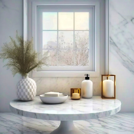 White bathroom interior. Empty marble table top. generative AIの素材