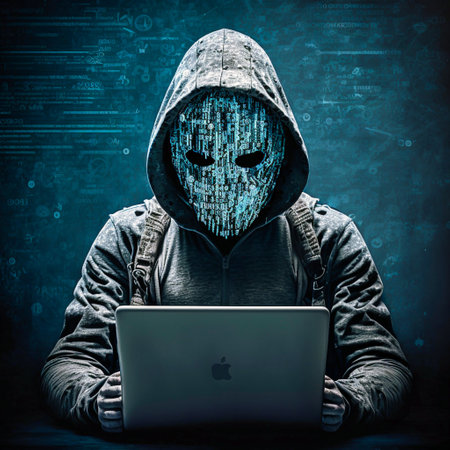 Hacking and malware concept. Hacker using abstract laptop with binary code digital interface, generative AIの素材