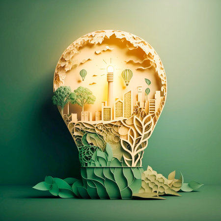 Paper cut of light bulb with green eco city Renew, generative AIの素材
