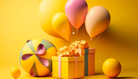 gifts and colored balloons on a yellow background. generative AIの写真素材