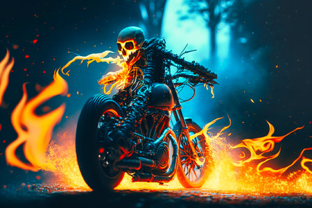 Fire skeleton rider on motorcycle scary ghost bike. generative AIの素材