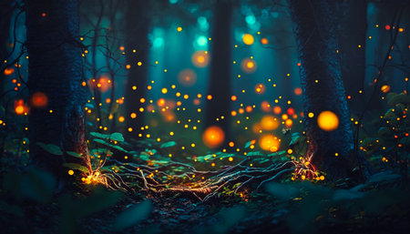 Fantasy forest at night magic lights and fireflies. generative AIの素材