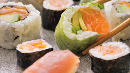 sushi background close-up. Maki sushi isolated for menuの写真素材
