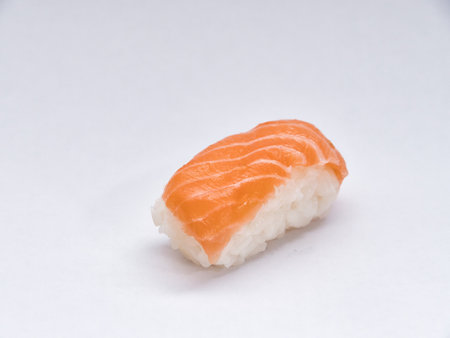 Spicy salmon Roll gunkan on White Background Isolate.の写真素材
