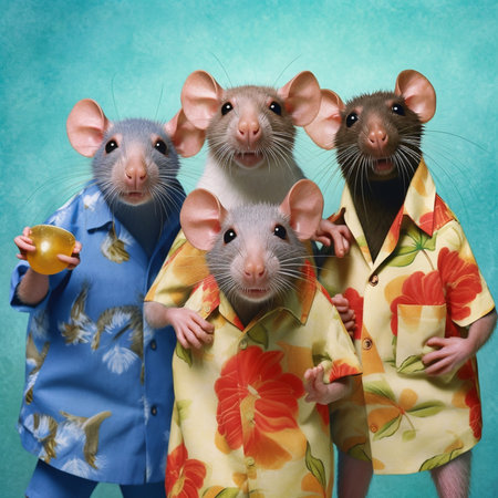Happy rat rat pack anthropomorphic vibrant colors. Generative AIの素材
